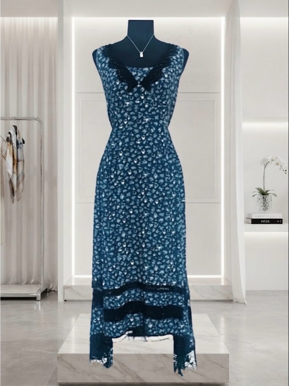 Coach NWT Blue Floral Lace Trim Tie Back Dress Designer Hanger - Picture 4 of 14